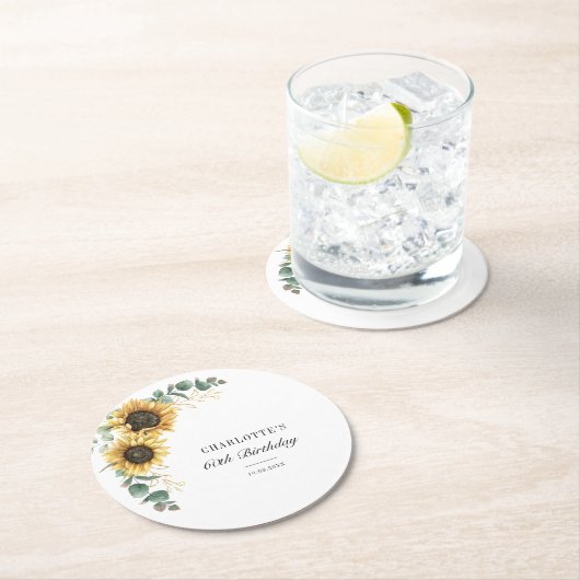 Eucalyptus Sunflower Floral Script 60th Birthday Ronde Kartonnen Onderzetter (Insitu)