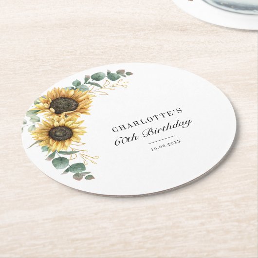 Eucalyptus Sunflower Floral Script 60th Birthday Ronde Kartonnen Onderzetter (Gebogen)