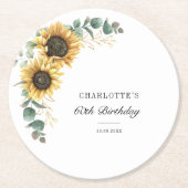 Eucalyptus Sunflower Floral Script 60th Birthday Ronde Kartonnen Onderzetter (Voorkant)