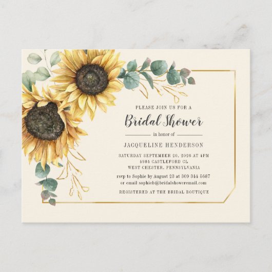 Eucalyptus Sunflower Floral Script Vrijgezellenfee Uitnodiging Briefkaart (Voorkant)