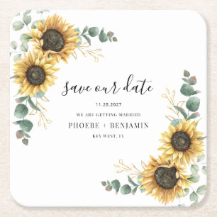 Eucalyptus Sunflower Floral Wedding Save the Date Kartonnen Onderzetters