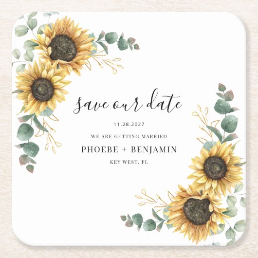 Eucalyptus Sunflower Floral Wedding Save the Date Kartonnen Onderzetters (Voorkant)