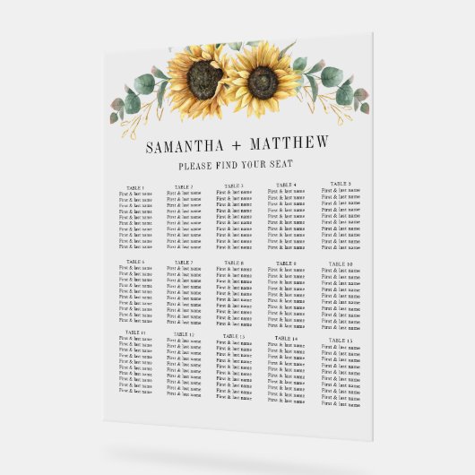 Eucalyptus Sunflower Floral Wedding Seating Chart Acryl Bord (Hoek)