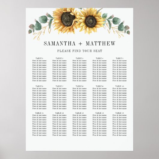 Eucalyptus Sunflower Floral Wedding Seating Chart Poster (Voorkant)