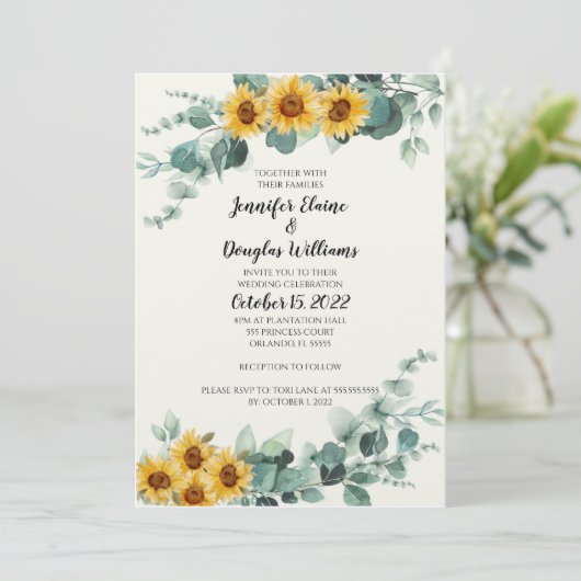 Eucalyptus Sunflower Invitation Kaart (Staand voorkant)
