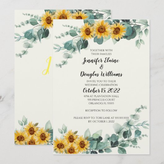 Eucalyptus Sunflower Invitation Kaart (Voorkant / Achterkant)