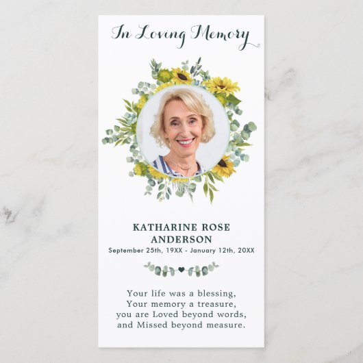 Eucalyptus Sunflower Memorial Foto Funeral Prayer (Voorkant)