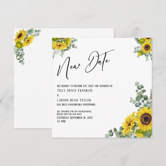 Eucalyptus Sunflower New Date Wedding Announding Kaart (Voorkant / Achterkant)