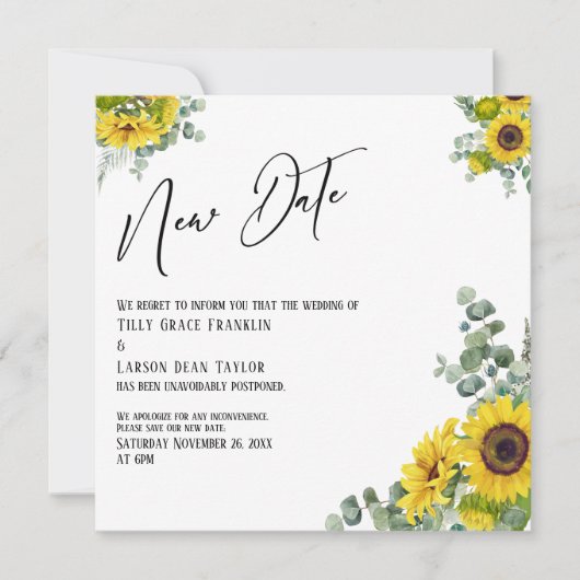 Eucalyptus Sunflower New Date Wedding Announding Kaart (Voorkant)