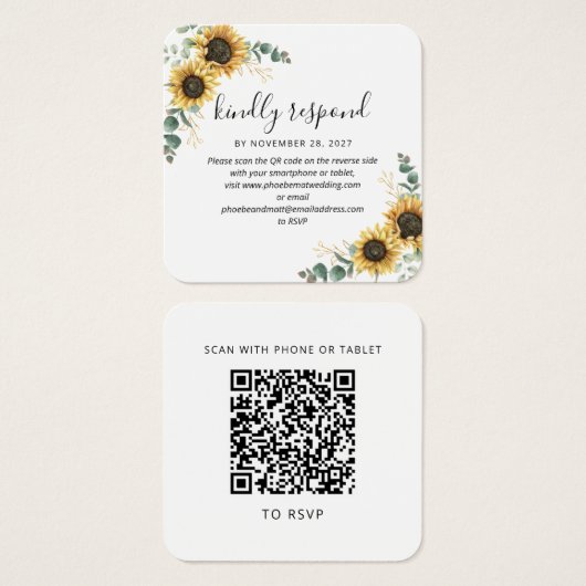 Eucalyptus Sunflower QR Code Weddenschap Website R Vierkante Visitekaartjes (Voorkant /achterkant)