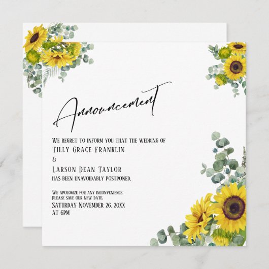 Eucalyptus Sunflower Uitgestelde datum bekendmakin Kaart (Voorkant / Achterkant)