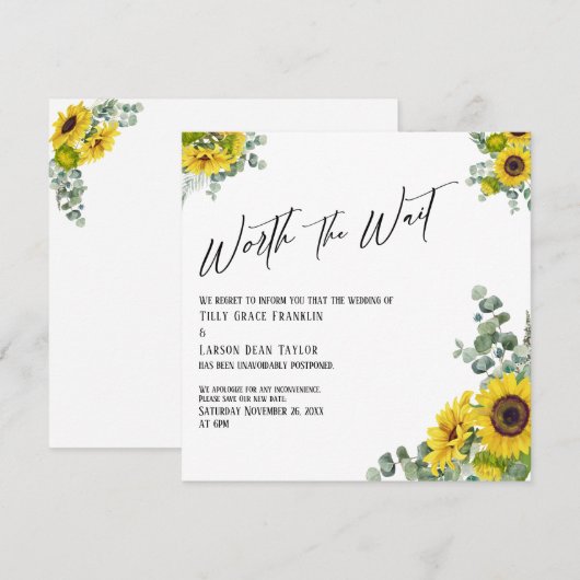 Eucalyptus Sunflower Worth the Wait Weddencard Kaart (Voorkant / Achterkant)