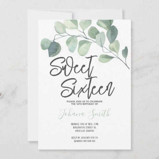 Eucalyptus Sweet Sixteen Birthday Uitnodiging (Voorkant)