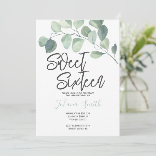 Eucalyptus Sweet Sixteen Birthday Uitnodiging (Staand voorkant)