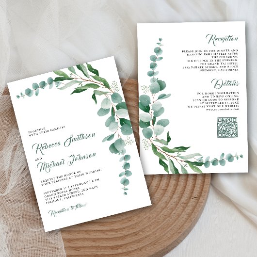 Eucalyptus Tak Alle-in-één QR-code Huwelijk Kaart
