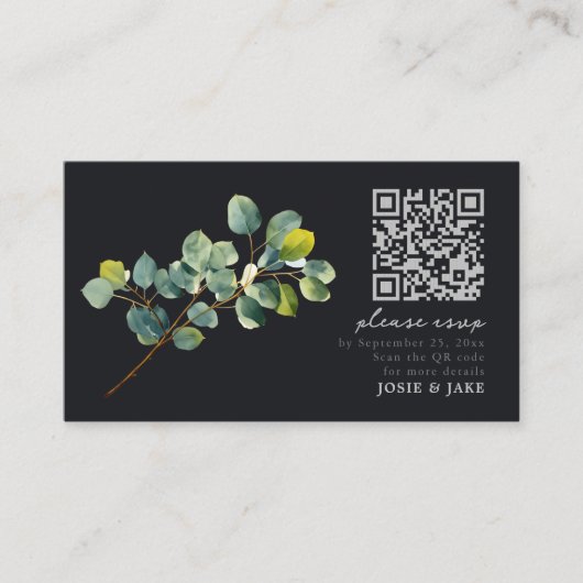 Eucalyptus tak, donkere bruiloft rsvp behuizing informatiekaartje (Voorkant)