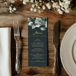 Eucalyptus tak donkergroen goud bruiloft menu<br><div class="desc">Deze elegante menukaart heeft een stijlvol ontwerp met "Menu" geschreven in een verfijnd gouden script, aangevuld met de namen en trouwdatum van het paar eronder in een licht serif lettertype. Elke cursustitel wordt prachtig weergegeven in hetzelfde gouden script, waarbij de schotel details volgen in een verfijnd, minimalistisch serif lettertype. Versierd...</div>