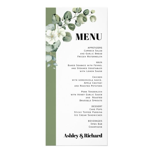 Eucalyptus tak en bloemen bruiloft menukaart reclamekaart (Voorkant)