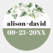 Eucalyptus tak en bloemen, typografie bruiloft ronde sticker (Voorkant)