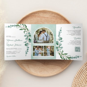 Eucalyptus Tak Foto Collage QR Code Trouwen Drieluik Uitnodiging