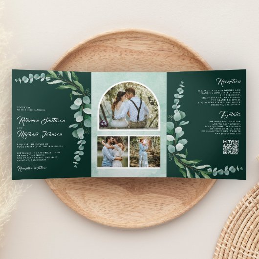 Eucalyptus Tak Foto QR Code Smaragd Bruiloft Drieluik Uitnodiging