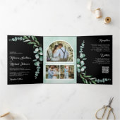 Eucalyptus Tak Foto QR Code Zwarte Trouwdag Drieluik Uitnodiging (Binnen)