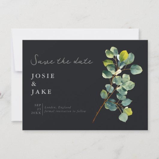 Eucalyptus tak groen bladeren donker opslaan van d save the date (Voorkant)