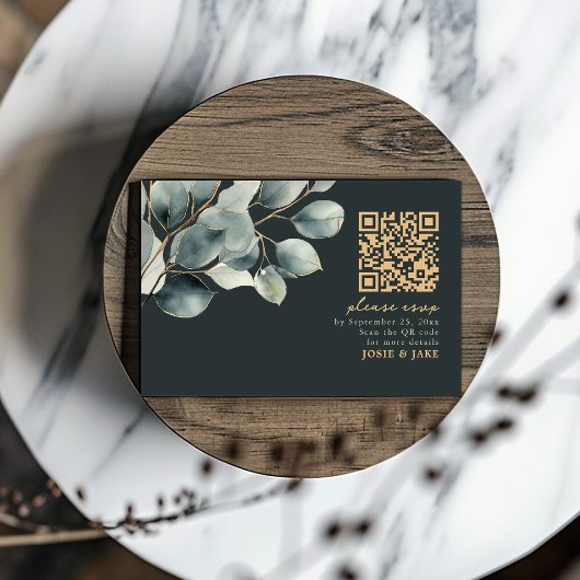 Eucalyptus tak, groene bruiloft QR Code rsvp Kaartje