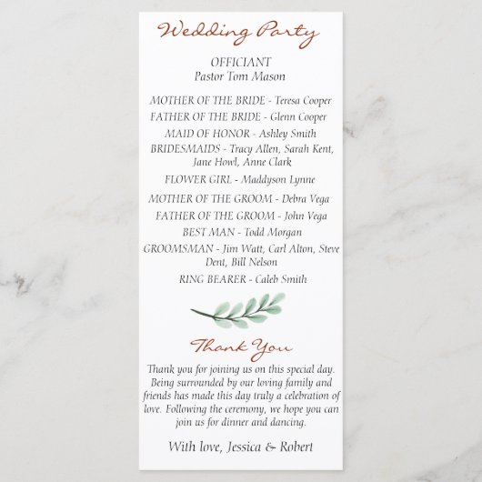 Eucalyptus tak huwelijksprogramma programmakaart (Achterkant)