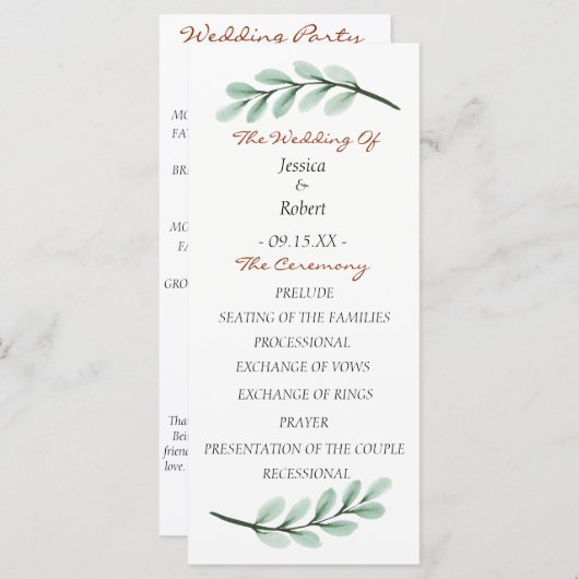 Eucalyptus tak huwelijksprogramma programmakaart (Voorkant / Achterkant)