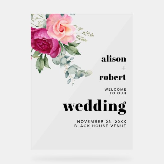 Eucalyptus tak met roze rozen bruiloft WELKOM Acryl Bord (Voorkant)