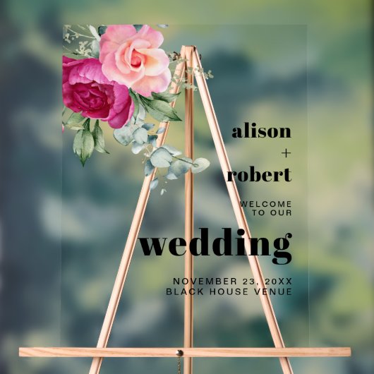 Eucalyptus tak met roze rozen bruiloft WELKOM Acryl Bord (Neutraal)