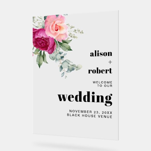 Eucalyptus tak met roze rozen bruiloft WELKOM Acryl Bord (Hoek)