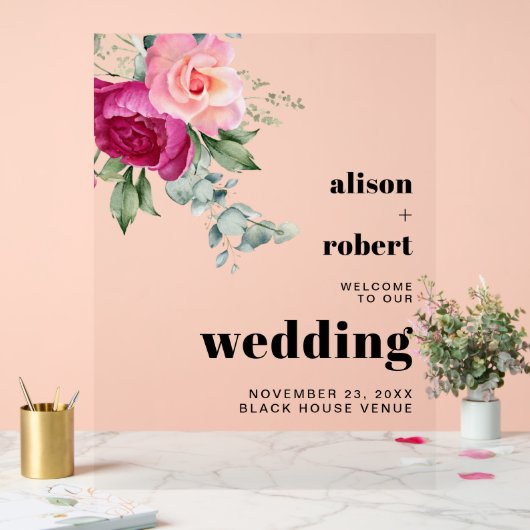 Eucalyptus tak met roze rozen bruiloft WELKOM Acryl Bord (Huwelijk)