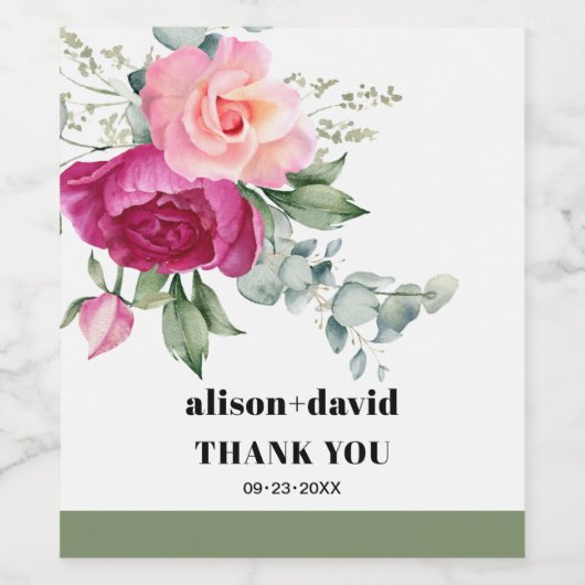 Eucalyptus tak, roze rozen typografie bruiloft wijn etiket (Enkel label)