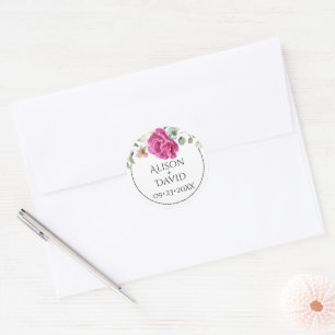 Eucalyptus tak roze rozenbloemen bloemenbruiloft ronde sticker