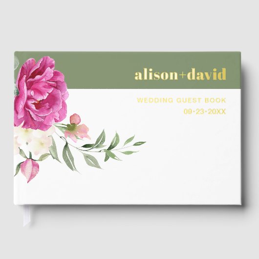 Eucalyptus tak roze rozenbloemen bruiloft folie gastenboek (Voorkant)