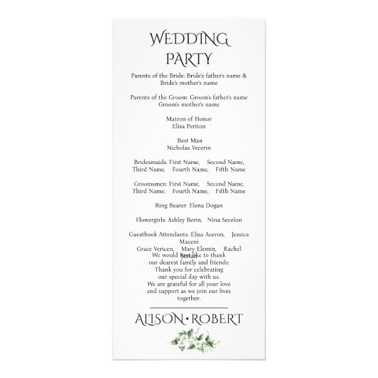 Eucalyptus tak, witte bloemen bruiloft programma (Achterkant)