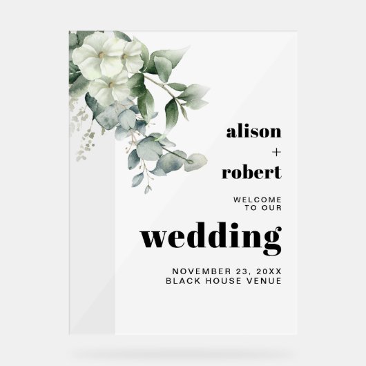 Eucalyptus tak, witte bloemen bruiloft WELKOM Acryl Bord (Voorkant)