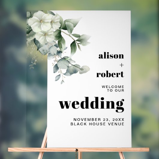 Eucalyptus tak, witte bloemen bruiloft WELKOM Acryl Bord (Neutraal)