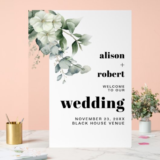 Eucalyptus tak, witte bloemen bruiloft WELKOM Acryl Bord (Huwelijk)