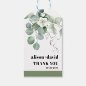 Eucalyptus tak witte bloemen typografie bruiloft cadeaulabel (Voorkant)