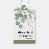 Eucalyptus tak witte bloemen typografie bruiloft cadeaulabel (Achterkant)
