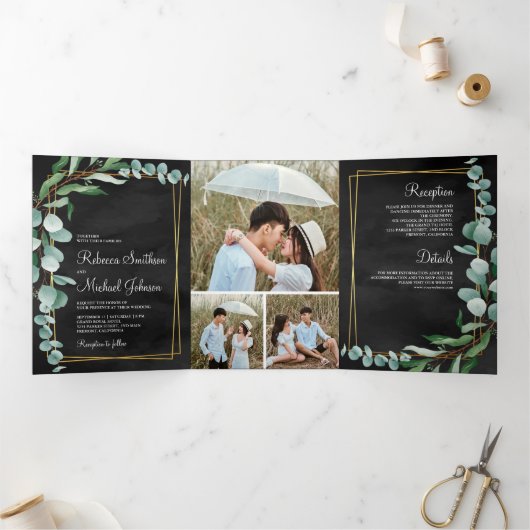 Eucalyptus tak zwart goud foto collage bruiloft drieluik uitnodiging (Binnen)