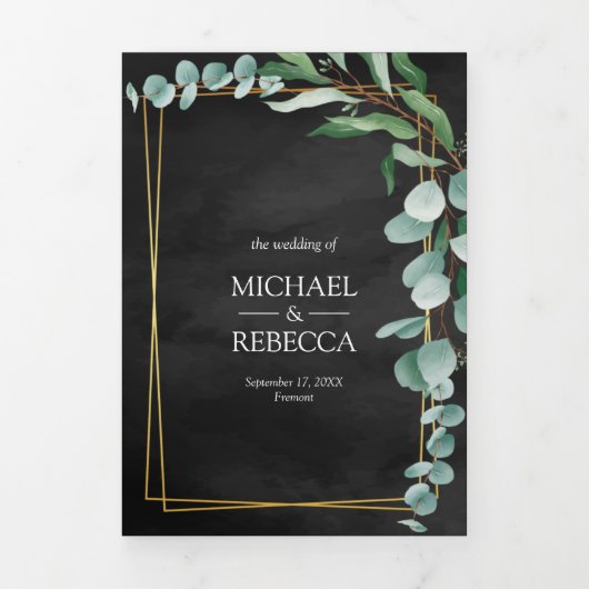 Eucalyptus tak zwart goud foto collage bruiloft drieluik uitnodiging (Cover)