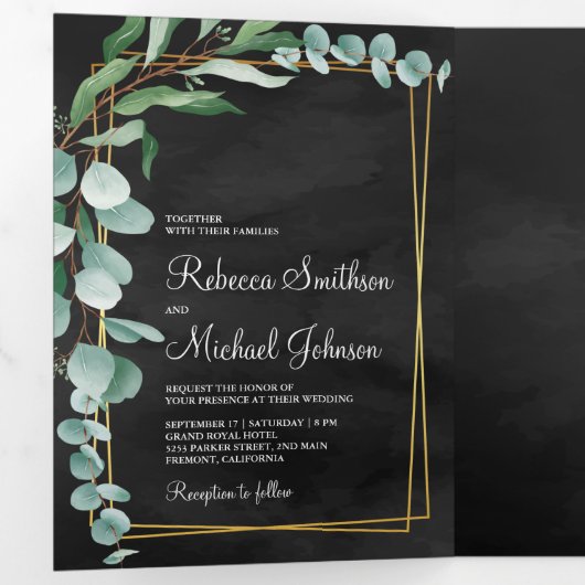 Eucalyptus tak zwart goud foto collage bruiloft drieluik uitnodiging (Binnenzijde eerst)