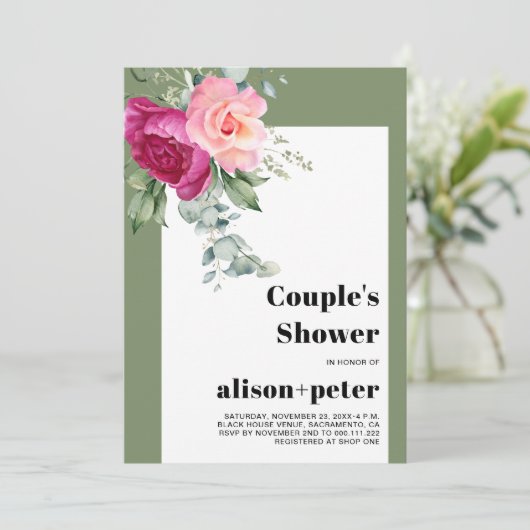 Eucalyptus takken, bloemen paar douche kaart (Staand voorkant)