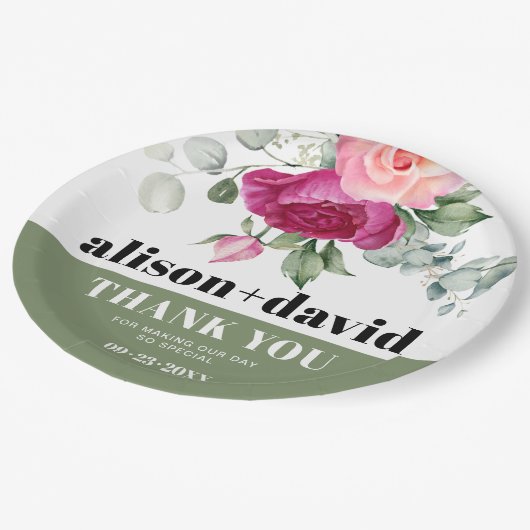 Eucalyptus takken met roze rozen bloemenbruiloft papieren bordje (Gekanteld)