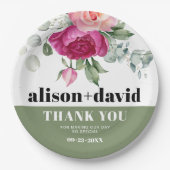 Eucalyptus takken met roze rozen bloemenbruiloft papieren bordje (Voorkant)