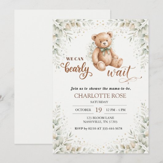 Eucalyptus Teddy Bear Babyshower Uitnodiging (Voorkant / Achterkant)